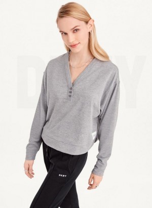 Grey DKNY Cropped Henley Lounge Pullover Women's Sweatshirts | USA-D1597