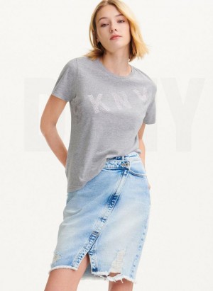 Grey DKNY Diagonal Rhinestone Logo Women's T Shirts | USA-D0179