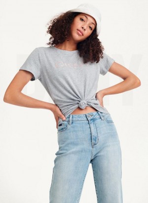 Grey DKNY Glitter Logo Women's T Shirts | USA-D0517