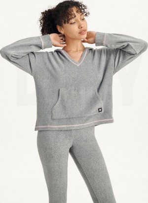 Grey DKNY Long Sleeve Hooded Top And Legging Set Women's Pajamas | USA-D1616