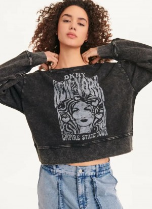 Grey DKNY Long Sleeve With Tour Graphic Women's Sweatshirts | USA-D1356
