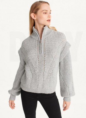 Grey DKNY Quarter Zip Cable Knit Women's Sweaters | USA-D0976