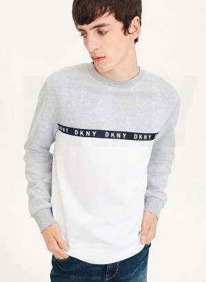 Grey / White DKNY Logo Fleece Crew Men's Sweatshirts | USA-D1880