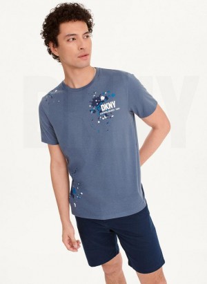 Indigo DKNY Paint Splatter Men's T Shirts | USA-D0563