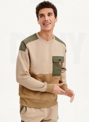 Khaki DKNY Colorblock Crew With Cargo Pocket Men's Sweatshirts | USA-D1238