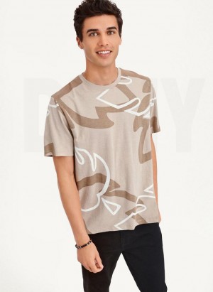 Khaki DKNY Leaves Print Slub Jersey Men's T Shirts | USA-D1753