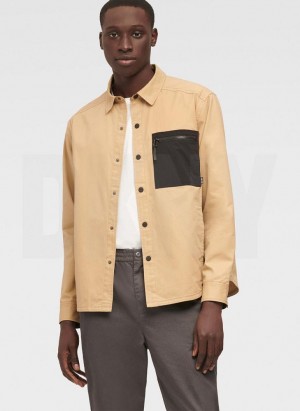 Khaki DKNY Mixed Media PockeT-Shirt Jacket Men's Shirts | USA-D0293