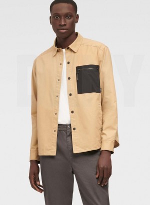 Khaki DKNY Mixed Media PockeT-Shirt Men's Jackets | USA-D1018