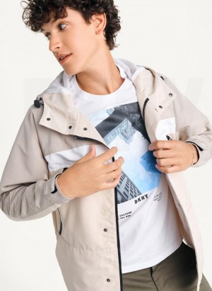 Khaki DKNY Nylon Zip Front Hooded Men's Jackets | USA-D1053