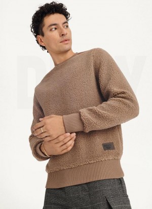 Khaki DKNY Sherpa Long Sleeve Crew Men's Sweatshirts | USA-D1286