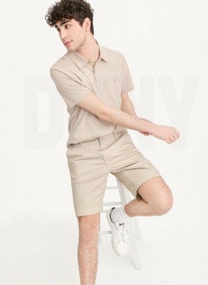 Khaki DKNY Slub Jersey Stripe Polo Men's T Shirts | USA-D0929