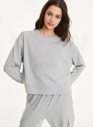 Light Grey DKNY Embossed Logo Crewneck Women's Sweatshirts | USA-D0896