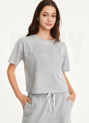 Light Grey DKNY Embossed Logo Jersey Women's T Shirts | USA-D0149