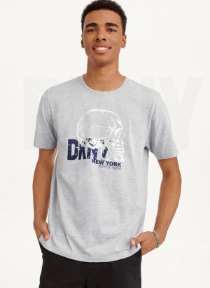 Light Grey DKNY Worn Shimmer Skull Men's T Shirts | USA-D1799