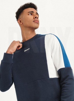 Navy DKNY Colorblock French Terry Front Logo Crewneck Men's Sweatshirts | USA-D0469