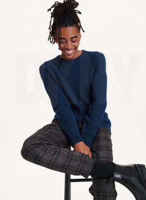 Navy DKNY Diagonal Cable Crew Men's Sweaters | USA-D1710
