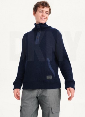 Navy DKNY Double Knit Rib Funnel Neck Men's Sweaters | USA-D1820
