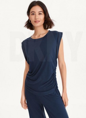Navy DKNY Flange Sleeve With Side Ruching Women's Tank Tops | USA-D0354