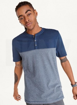 Navy DKNY Henley Men's T Shirts | USA-D0736