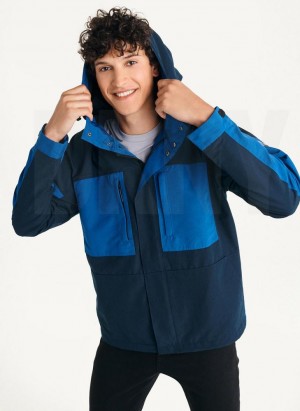 Navy DKNY Nylon Colorblock Four-Pocket Hooded Men's Jackets | USA-D0355
