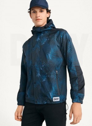 Navy DKNY Printed Nylon Wild Palm Hooded Rain Men's Jackets | USA-D0300
