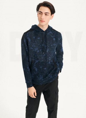Navy DKNY Splat Print Terry Men's Hoodies | USA-D0579