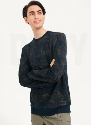 Navy DKNY Tropical Knit Mixed Media Crewneck Men's Sweatshirts | USA-D1114