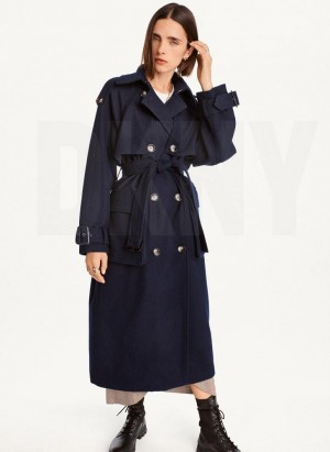 Navy DKNY Wool Trench With Belt Women's Coats | USA-D1367