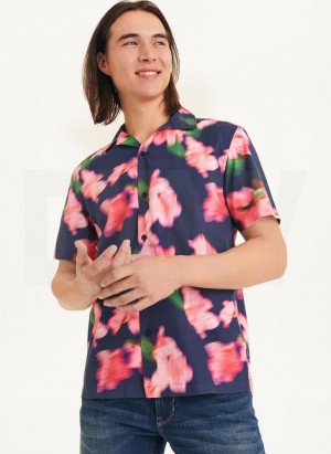 Navy / Pink DKNY Blurred Floral Camp Men's Shirts | USA-D1548