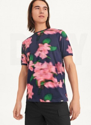 Navy / Pink DKNY Blurry Floral Crew Men's T Shirts | USA-D0324