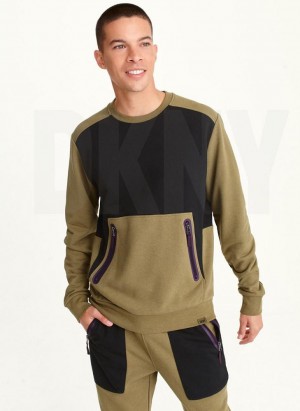 Olive Black DKNY Long Sleeve Color Block Crew Neck Men's Sweatshirts | USA-D0912