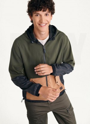 Olive DKNY Long Sleeve Mixed Media Hooded Men's Jackets | USA-D0245
