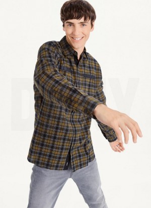 Olive DKNY Long Sleeve Plaid Men's Shirts | USA-D0585