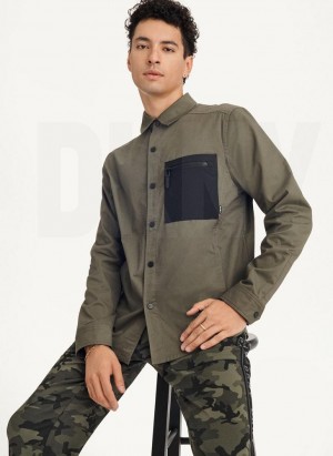 Olive DKNY Mixed Media PockeT-Shirt Men's Jackets | USA-D0234
