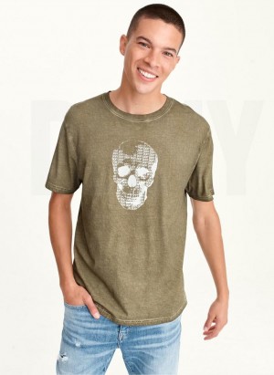 Olive DKNY OUTLINE LOGO SKULL MINERAL WASH Men's T Shirts | USA-D0932