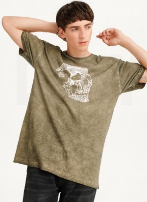 Olive DKNY Pigment Dye Sketched Skull Men's T Shirts | USA-D1634