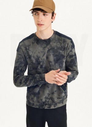 Olive / Black DKNY Long Sleeve Tie Dye Crewneck With Nylon Trim Men's Sweatshirts | USA-D0949