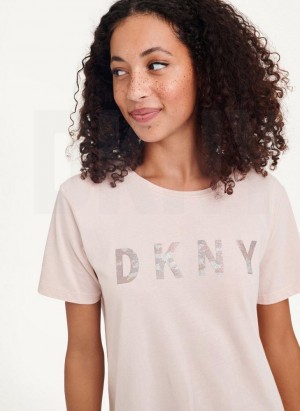 Pink DKNY Glitter Logo Women's T Shirts | USA-D1301