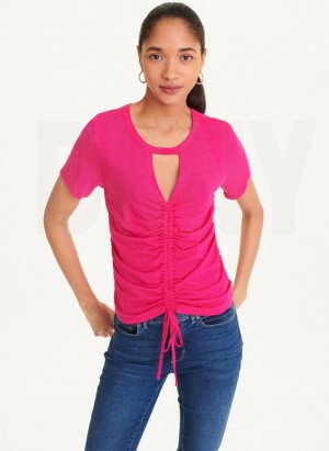 Pink DKNY Ruched Front Women's T Shirts | USA-D0336