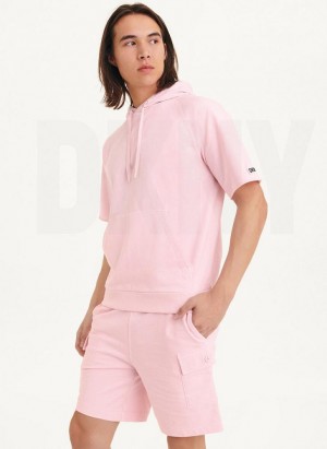Pink DKNY Short Sleeve Pigment Dye Men's Hoodies | USA-D1218