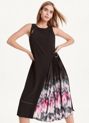 Purple DKNY Crewneck Printed Mix Pleated Midi Women's Dresses | USA-D1580