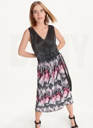 Purple DKNY Printed Pleated Women's Dresses | USA-D0510