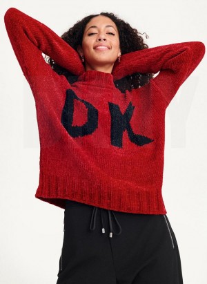 Red DKNY Chunky Chenille Logo Women's Sweaters | USA-D1308