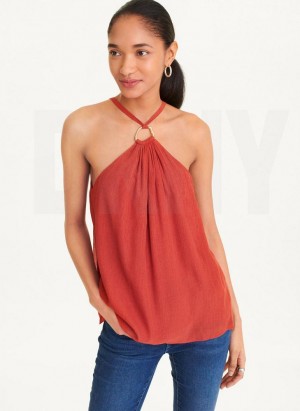 Red DKNY Crinkle Rayon Crossover Blouse Women's Tank Tops | USA-D0518