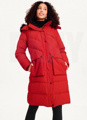Red DKNY Long Puffer With Faux Fur Hood Women's Coats | USA-D0467