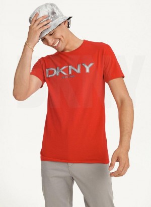 Red DKNY Metallic Puff Logo Men's T Shirts | USA-D0577