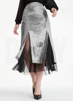 Silver DKNY Sequin Midi With Tulle Women's Skirts | USA-D0647