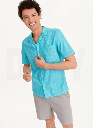 Turquoise DKNY Interlocking Allover Logo Men's Shirts | USA-D0764