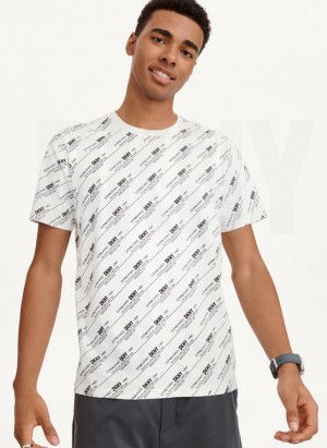 White DKNY Allover Stripe Logo Men's T Shirts | USA-D0132