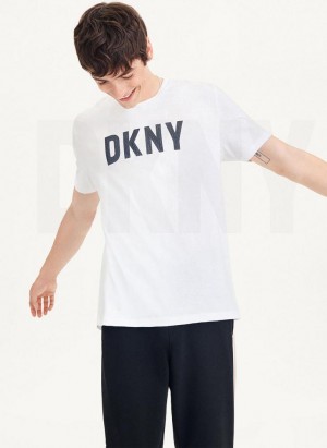 White DKNY Clean Front Logo Men's T Shirts | USA-D0263